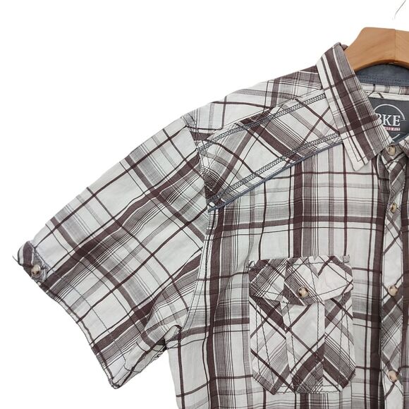 BKE Mens Tailored Fit Plaid Shirt XL White Brown Short Sleeve Pearl Button - Picture 5 of 12
